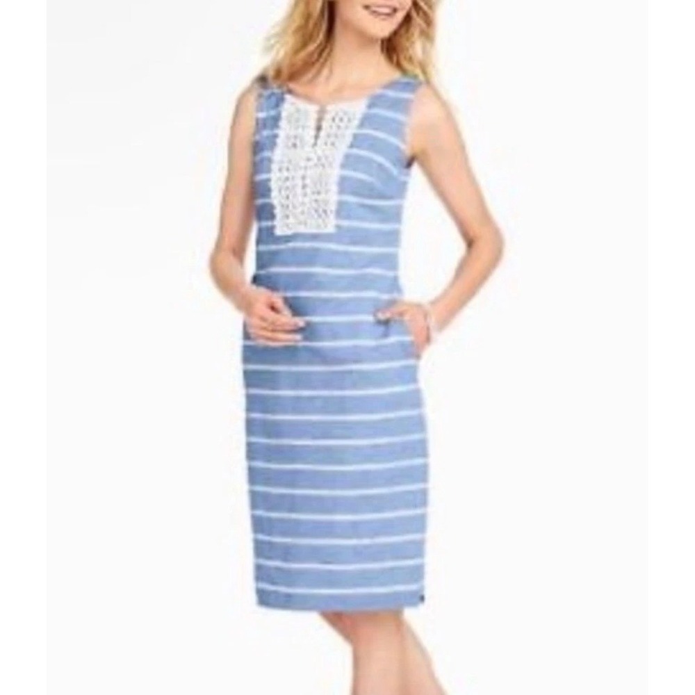 Talbots Petites Blue White Striped Linen Crochet Bib Shift Dress Pockets 10P